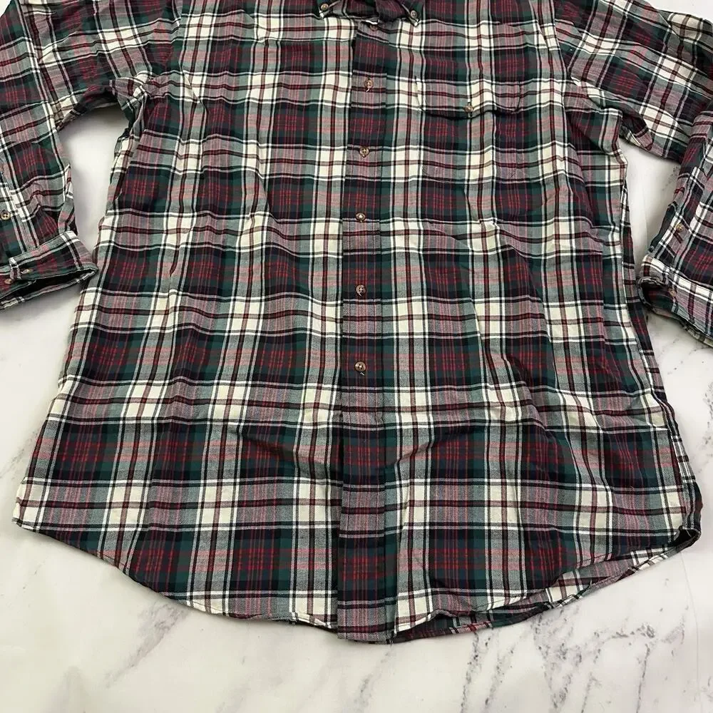 Lands End Mens Vintage 90s Plaid Shirt Size L Red Green Wool Cotton Blend - Picture 5 of 11